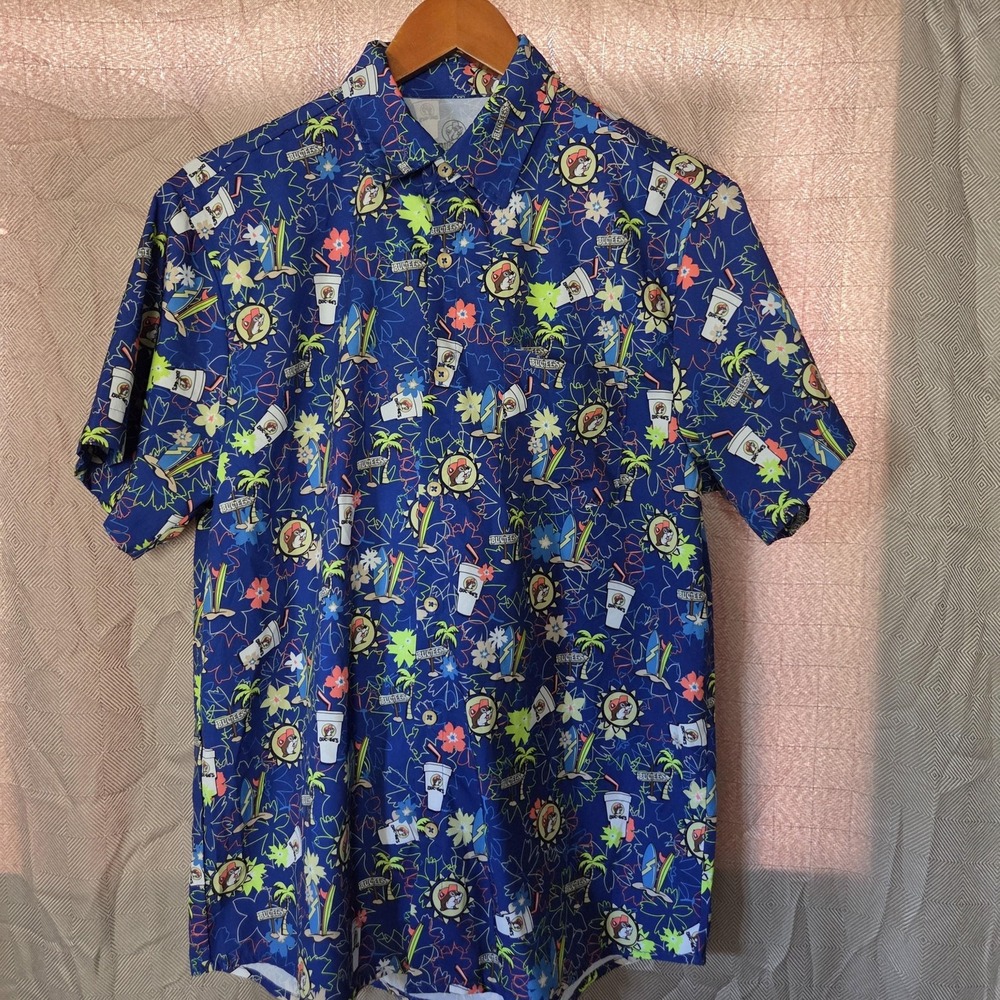 Buc-ee's Shirt Mens S/M Blue Hawaiian Aloha Short Sleeve Button-Up Casual